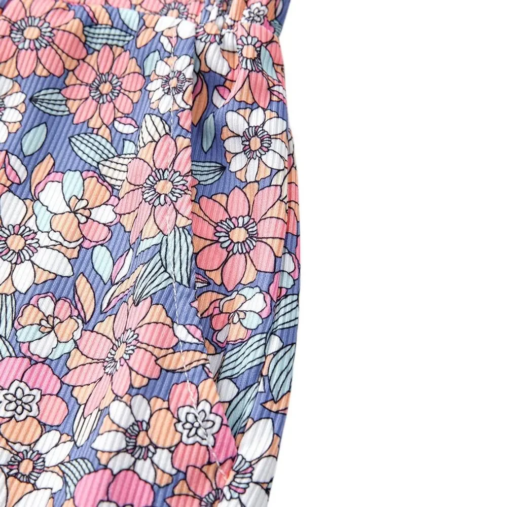 Sky Blue Floral Print Spaghetti Straps Tank Top and Shorts Set New S, L, XL